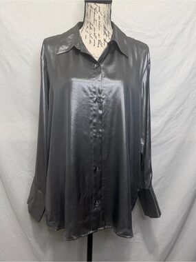 H&M DIVIDED Shiny Gray - Silver -Satin Button-Down Blouse Size M